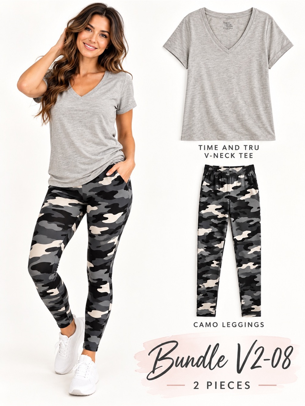 Time and Tru Gray V-Neck Tee + Camo Leggings Size Small 2-Piece